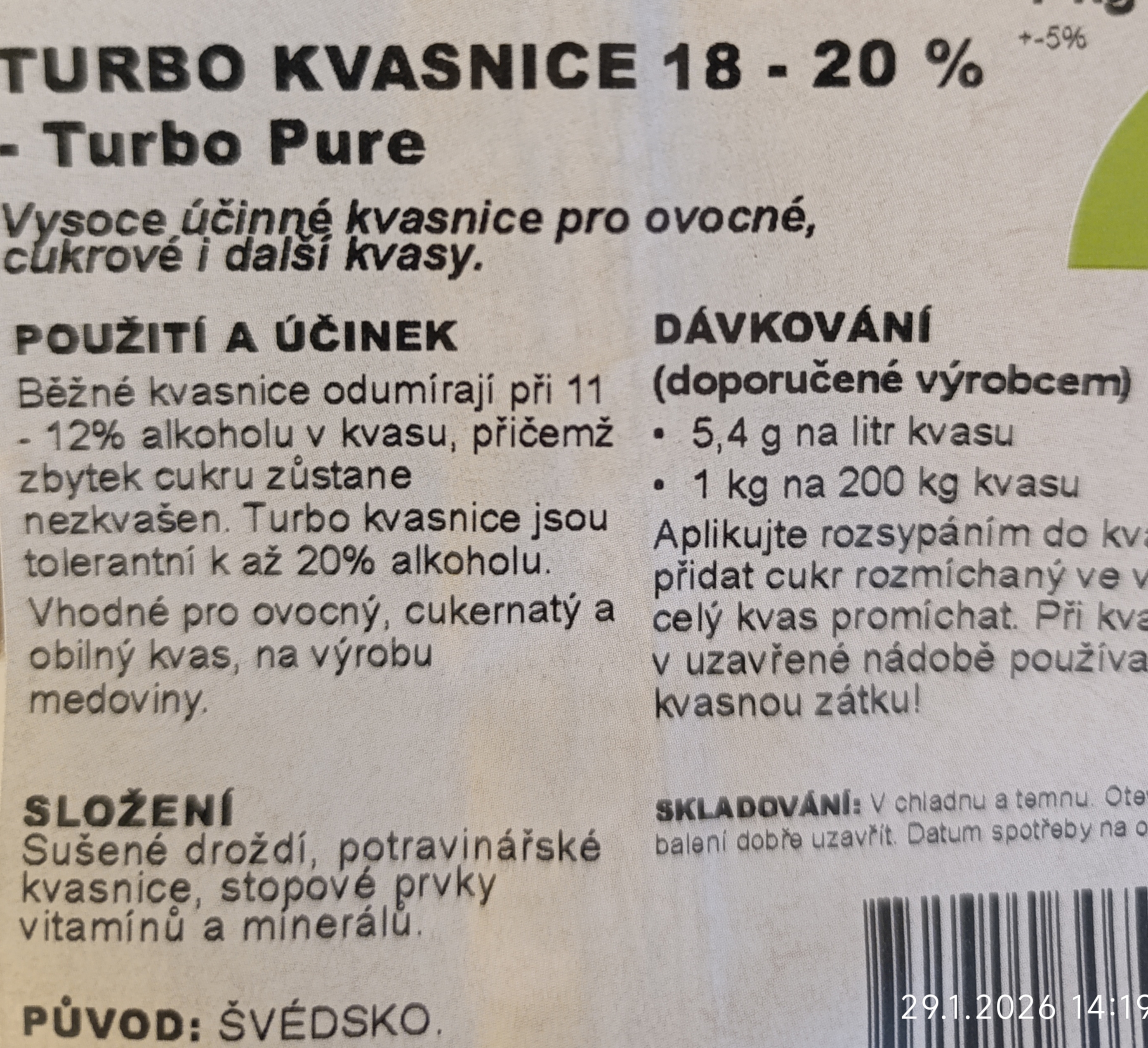 Turbo kvasnice Švédské 1 Kg 18-20 % Turbo Pure